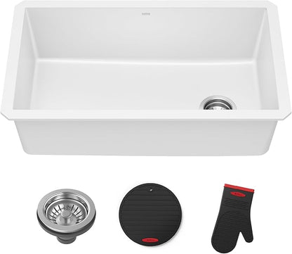 KRAUS Forteza 32-inch Granite Undermount Single Bowl White Kitchen Sink, KGU-55WHITE