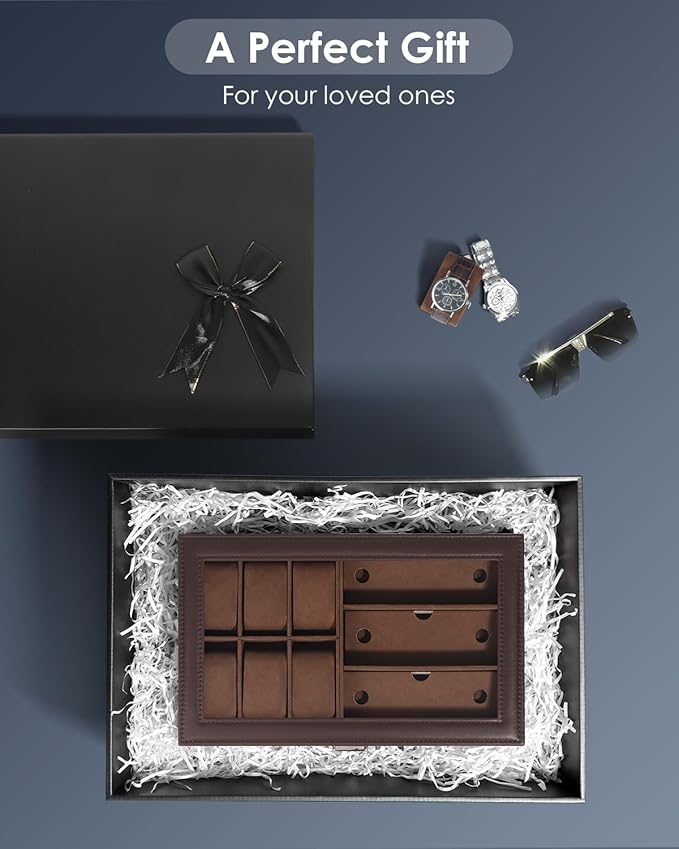 Watch Jewelry Box Organizer, 6-Slot 2-Layer Watch Case and Sunglasses Storage with Large Glass Lid, Men's Jewelry Box with Lock, Watch Holder Display Case, Gift for Men Women