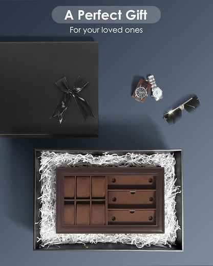 Watch Jewelry Box Organizer, 6-Slot 2-Layer Watch Case and Sunglasses Storage with Large Glass Lid, Men's Jewelry Box with Lock, Watch Holder Display Case, Gift for Men Women