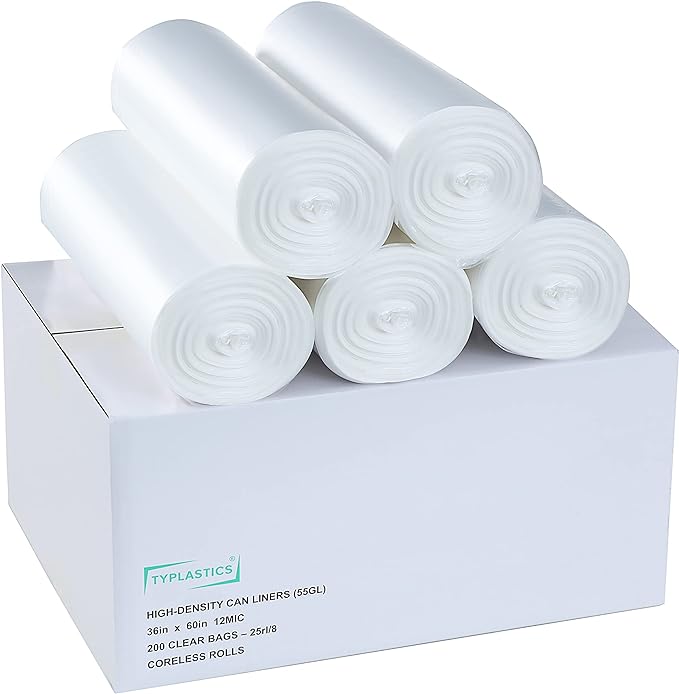 TYPLASTICS 55 Gallon Clear Trash Can Liners - 36" x 60" - High Density Garbage Bags - Case of 200 - Multipurpose for Office, Outdoor, Recycling, Industrial and Commercial