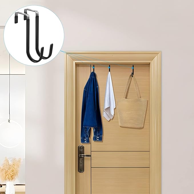 FYY Over the Door Hooks, 8 Pack Door Hangers Hooks with Rubber Prevent Scratches Heavy Duty Organizer Hooks for Living Room, Bathroom, Bedroom, Kitchen Hanging Clothes, Towels, Hats, Coats, Bags Black
