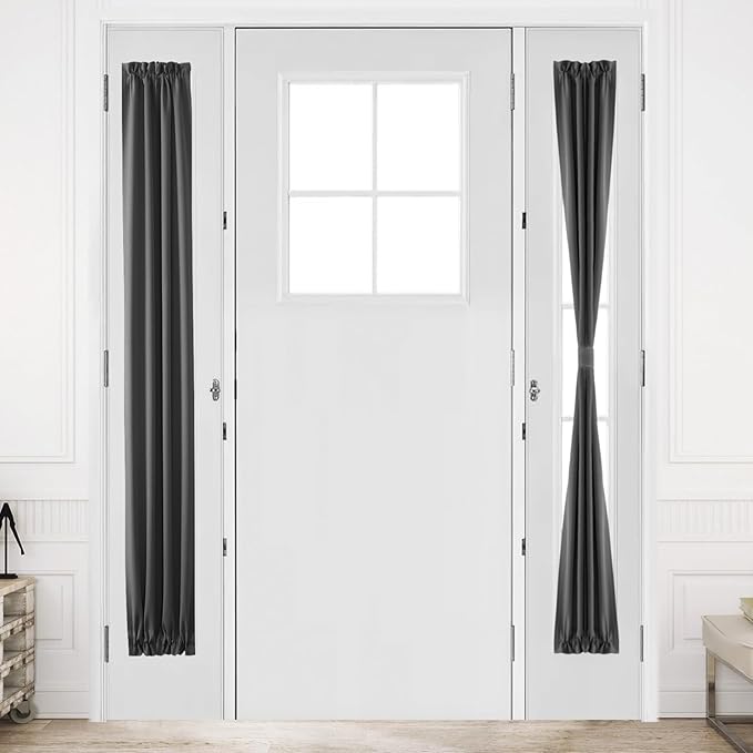 DWCN French Door Curtain - Rod Pocket Thermal Blackout Panel for Doors With Glass Window, Kitchen and Patio - Privacy, 12 X 72 Inches Long, 1 Panel With Tieback, Dark Grey