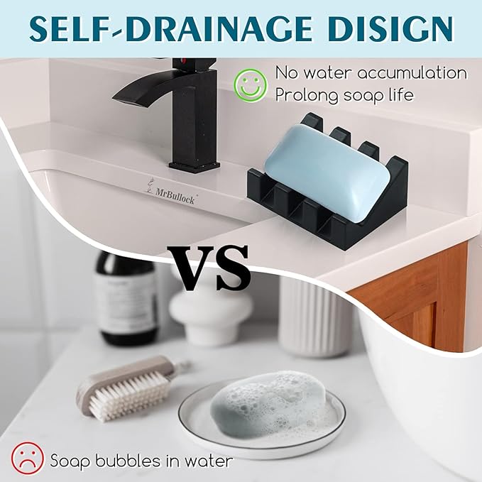 Silicone Soap Dish for Bar Soap Holder for Shower Bathroom Self Draining Waterfall Drying Tray Keep Soap Bars Dry Clean & Easy Cleaning (Black, 2)