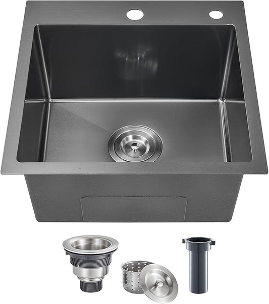 POPFLY 18×18 Inch Drop In Bar Prep Sink, 304 Stainless Steel Top mount Handmade Single Bowl Sink 9 Inche Deep Small Kitchen Sink with 2 Hole, Black