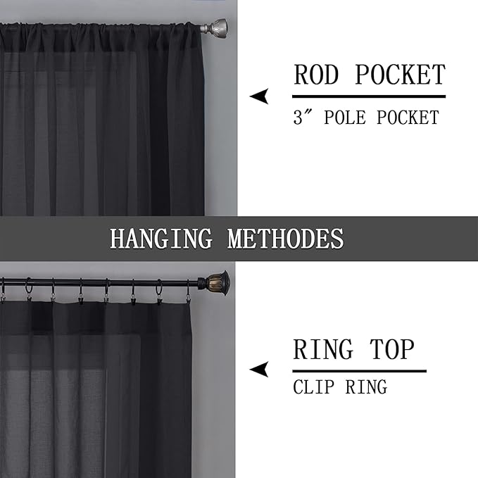 Tollpiz Sheer Curtains Linen Textured Bedroom Curtain Sheers Light Filtering Rod Pocket Voile Curtains for Living Room, 54 x 63 inches Long, Black, Set of 2 Panels