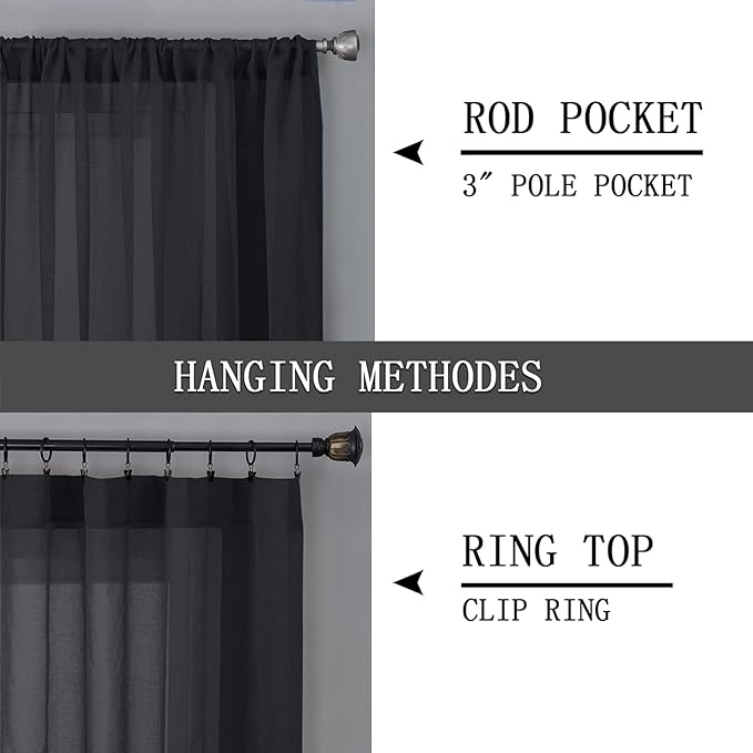 Tollpiz Short Sheer Curtain Linen Textured Living Room Curtains Sheer Light Filtering Rod Pocket Voile Curtain for Bedroom, 42 x 54 inches Long, Black, Set of 2 Panels