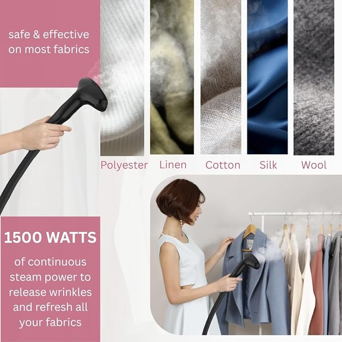 SALAV GS18-DJ Standing Garment Steamer with Roll Wheels for Easy Movement, 1.8L Water Tank for 1 Hour Continuous Steaming, Adjustable Pole for Storage, Includes Descaler Packet, 1500 watts - Pink