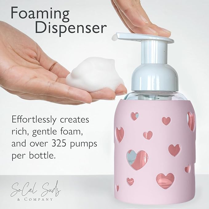 SoCal Suds & Company Glass Foaming Hand Soap Dispenser, Heart Silicone Sleeve, Refillable Pump Bottle for Kids, Baby Wash & Shampoo, Ideal for Home Use, Soft Pink 8oz