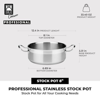 BRA COOKWARE Profesional 18/10 Stainless Steel Stock Pot w/Glass Lid | 8 Inch - Image 3