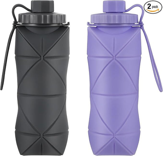 Silicone Collapsible Water Bottles,Lightweight Reusable Leakproof For Traveling Camping Hiking Cycling Sports Outdoor,Foldable Portable Travel Water Bottle 600ML Dark Grey And Purple 2Pack.