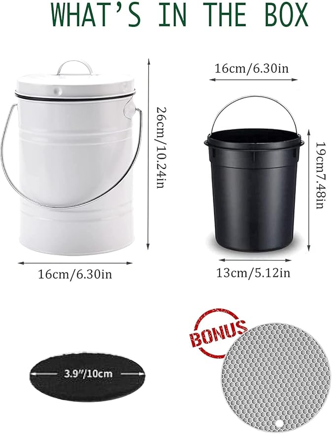 Compost Bin for Kitchen Counter, LALASTAR Small Metal Compost Bin Indoor Kitchen Sealed with Lid for Food Waste, Countertop Composter Container, White, 1 Gallon