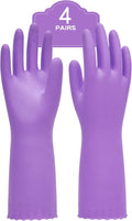 PACIFIC PPE 4 Pairs Reusable Dishwashing Cleaning Gloves with Latex Free, Cotton Lining, Kitchen Gloves, Purple, Small
