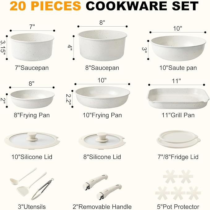 Pots and Pans Set Non Stick 20PCS, Ceramic Cookware Set Detachable Handle Non - Image 8