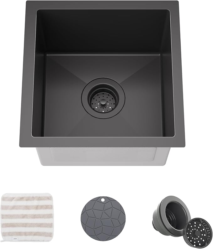 TORVA 14 x 14 Inch Gloss Black Undermount Kitchen Sink, PVD Coated Gunmetal Sink，16 Gauge T-304 Stainless Steel Single Bowl Wet Bar or Prep Sink with Zero-Radius Corners, Dark Grey