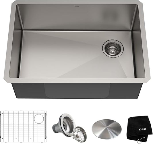 Kraus KHU110-27 Standart PRO 27-inch 16 Gauge Undermount Single Bowl Set (5 Item Bundle: Sink, Bottom Grid, Assembly, Drain Cap, Kitchen Towel), 27 Inch, Stainless Steel