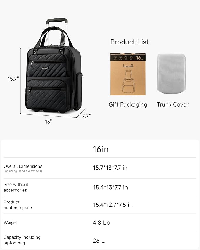 LUGGEX Underseat Carry On Luggage with Wheels, Stylish Lightweight Under Seat Luggage, Soft Sided Personal Item Suitcase for Short Trip (All Black, 16 Inch)