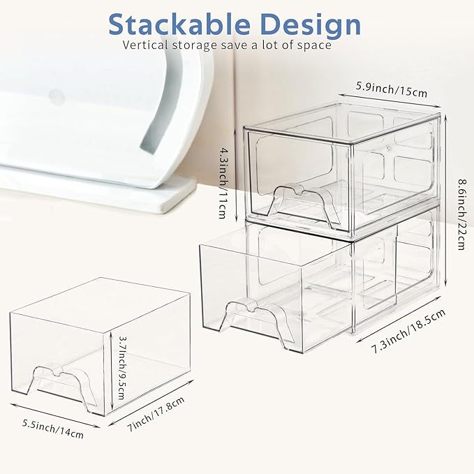 Plastic Drawers Storage, 8 Pack Clear Stackable Storage Drawers, Acrylic Storage Bins with Drawers for Fridge Organizers, Small PlasticDrawers Stackable for Makeup Organizers Cosmetic Display