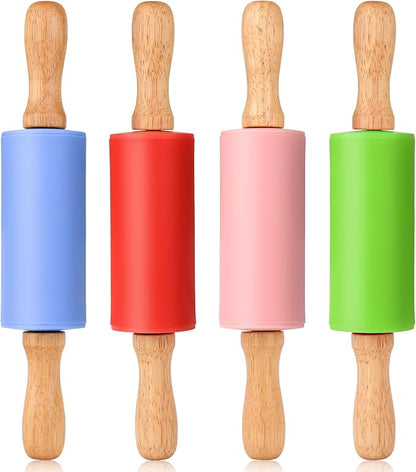 Mini Silicone Rolling Pin for Kids, Non-stick Surface Wood Handle, 9 Inch 4 Pack by Honglida
