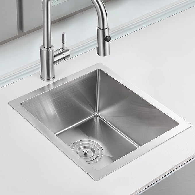 POPFLY 15x17 Inch Undermount Bar Prep Sink, 15” Undermount Rectangle Kitchen Sink, 304 Stainless Steel Single Bowl Small Kitchen Rv Sinks, Brushed