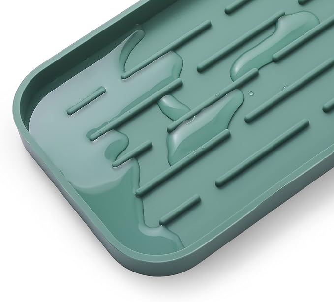Silicone Kitchen Sink Organizer Tray for Multiple Usage,Eco-Friendly Sponges Holder for Kitchen Bathroom Counter or Sink,Dish Soap Dispenser,Scrubber,Bottle,Cup (Green, 10"×5.3")