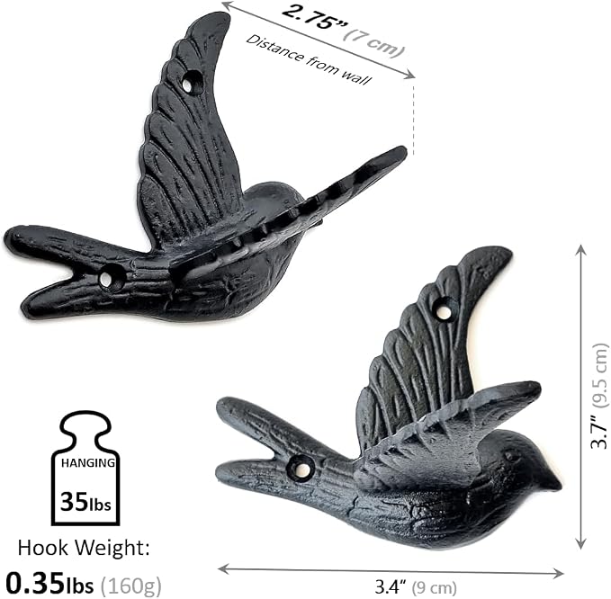 Ambipolar 5-Pack Bird Flying Style Coat Hooks, Vintage Black Hooks - Image 6