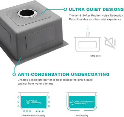 15 x 15 Inch Undermount Kitchen Sink, T-304 Stainless Steel Handmade Single Bowl Kitchen Bar Sink or Prep Small Sink (Brushed)