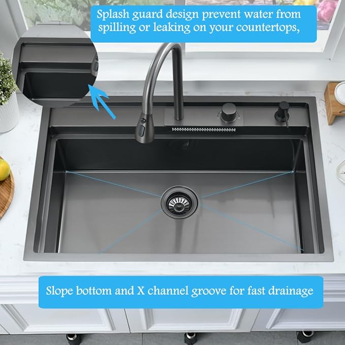 33 Inch Black Waterfall Kitchen Sink Workstation -Bokaiya 33x19 Drop In Kitchen Sink with Faucet Black Stainless Steel Waterfall Sink 16 Gauge Single Bowl Modern Kitchen Sinks with Cutting Board