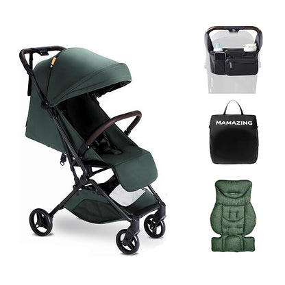 Lightweight Baby Travel Stroller with Carbon Fiber Frame, Compact & Airplane-Friendly, One-Handed Folding Design, 11.6 lbs, Perfect for Toddlers, Organizer & Cushion Included, Green