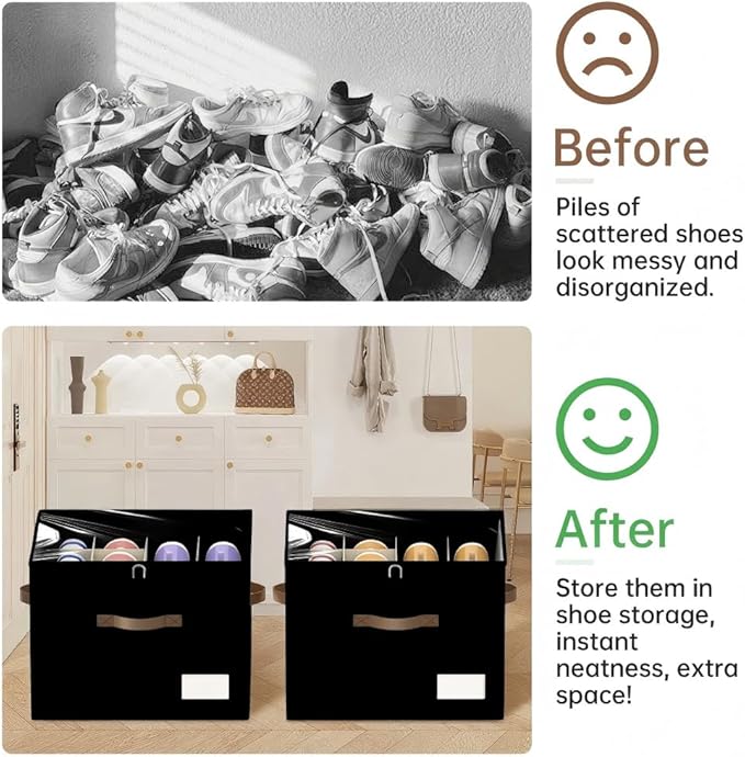 Shoe Organizer for Closet, Foldable Shoe Storage Containers, Fits up to 16 Pairs, Large Shoe Storage Organizer Box Cubby Baskets Bins with Clear Cover and Reinforced Handles, Black