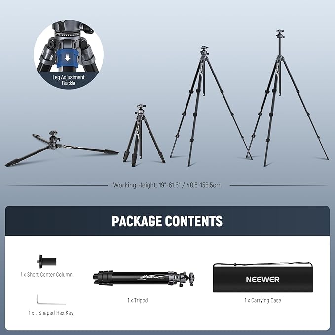 NEEWER LITETRIP LT07 61" Aluminum Travel Tripod Stand for Camera with Pan Tilt Low Profile Ball Head, Arca QR Plate Compatible with Peak Design Tripod Plate V3, Dual Center Axis, Max Load 22lb