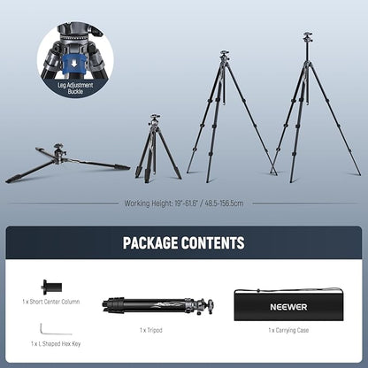 NEEWER LITETRIP LT07 61" Aluminum Travel Tripod Stand for Camera with Pan Tilt Low Profile Ball Head, Arca QR Plate Compatible with Peak Design Tripod Plate V3, Dual Center Axis, Max Load 22lb