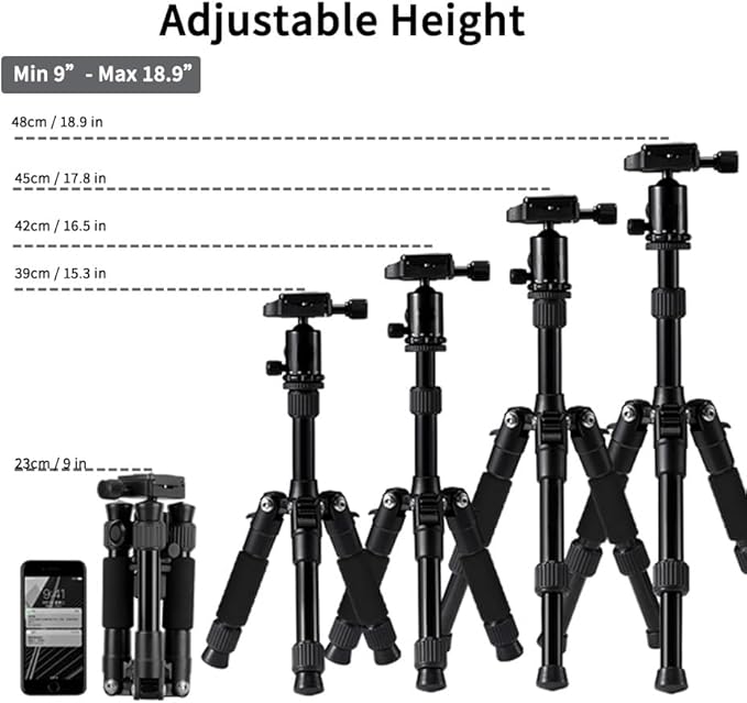 Portable Mini Tripod, 18.9" / 48cm Desk Tabletop Stand with 360° Ball Head, Compact Desktop Barcket for DSLR Camera Video Camcorder, Smartphone Shooting