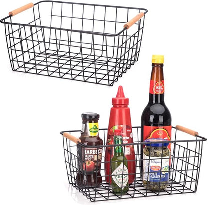 LeleCAT Wire Baskets with Wooden Handles, Wire Storage Organizer Baskets - Image 2