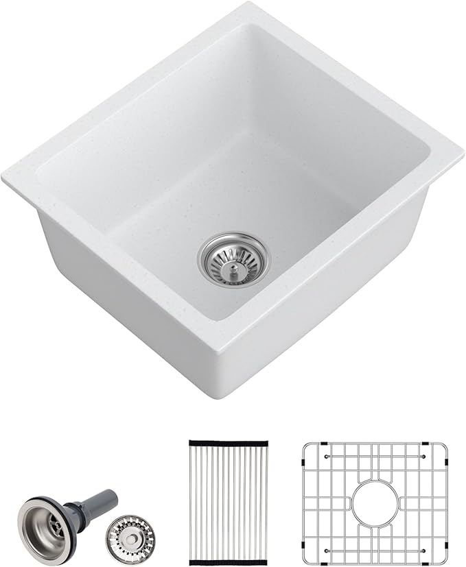 Dcolora 18 Inch Undermount Small Bar Sink Single Bowl Kitchen Sink White Granite Composite Wet Bar Sinks 18"W×16"D×9"H,DC-GUW002