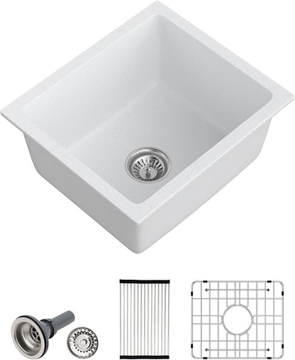 Dcolora 18 Inch Undermount Small Bar Sink Single Bowl Kitchen Sink White Granite Composite Wet Bar Sinks 18"W×16"D×9"H,DC-GUW002