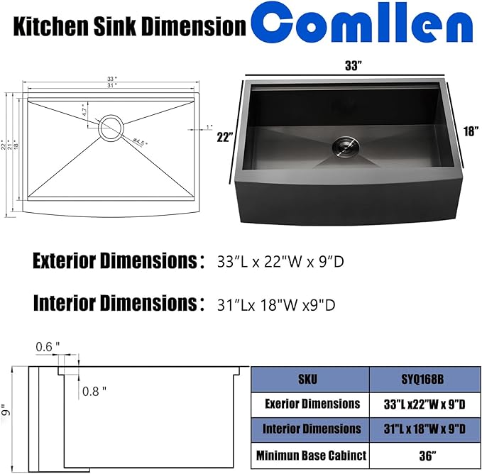 Black Farmhouse Sink 33 Inch - COMLLEN 33x22 Apron Front Farmhouse Kitchen Sinks 16 Gauge Stainless Steel Undermount Ledge Workstation Deep Single Bowl Luxury Rustic Farm Sinks with All Accessories