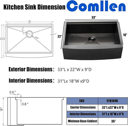 Black Farmhouse Sink 33 Inch - COMLLEN 33x22 Apron Front Farmhouse Kitchen Sinks 16 Gauge Stainless Steel Undermount Ledge Workstation Deep Single Bowl Luxury Rustic Farm Sinks with All Accessories