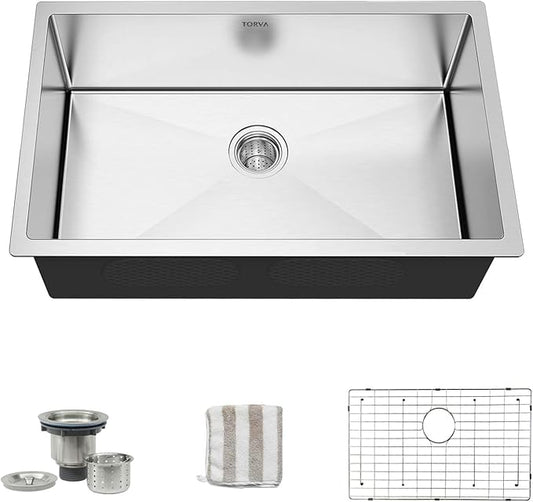 TORVA 28-Inch Undermount Kitchen Sink, Premium 304 Stainless Steel Bar Sink - 10 Inches Deep Basin Single Bowl Sink