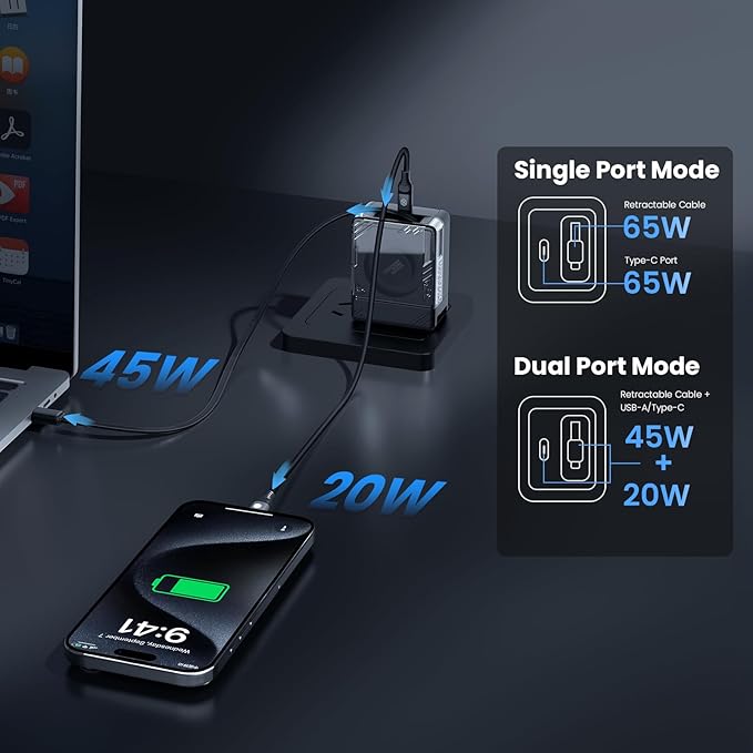 Nillkin FlexLine 65W for Retractable Wall Charger(GaN6), Dual-Port with 28.7in Retractable USB C Cable + 39.3in USB C Cable(Extra), iPhone Charger, MacBook, iPad, Samsung, Fast Charger - Black