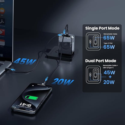 Nillkin FlexLine 65W for Retractable Wall Charger(GaN6), Dual-Port with 28.7in Retractable USB C Cable + 39.3in USB C Cable(Extra), iPhone Charger, MacBook, iPad, Samsung, Fast Charger - Black