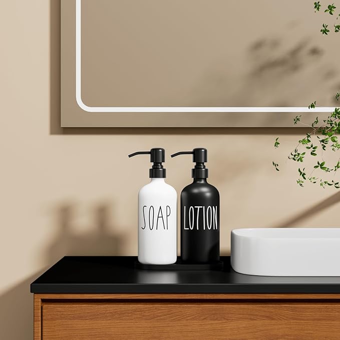 MOMEEMO Glass Soap Dispenser with Stainless Steel Pump, Contains Lotion Dispenser, Hand Soap Dispenser & Tray. (Black & White)