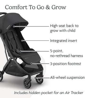 UPPAbaby Minu V3 Travel Stroller | Lightweight + Compact Design | One-Hand Fold + Unfold | from Birth + Overhead Compatible | Jake (Charcoal/Carbon Frame/Black Leather)