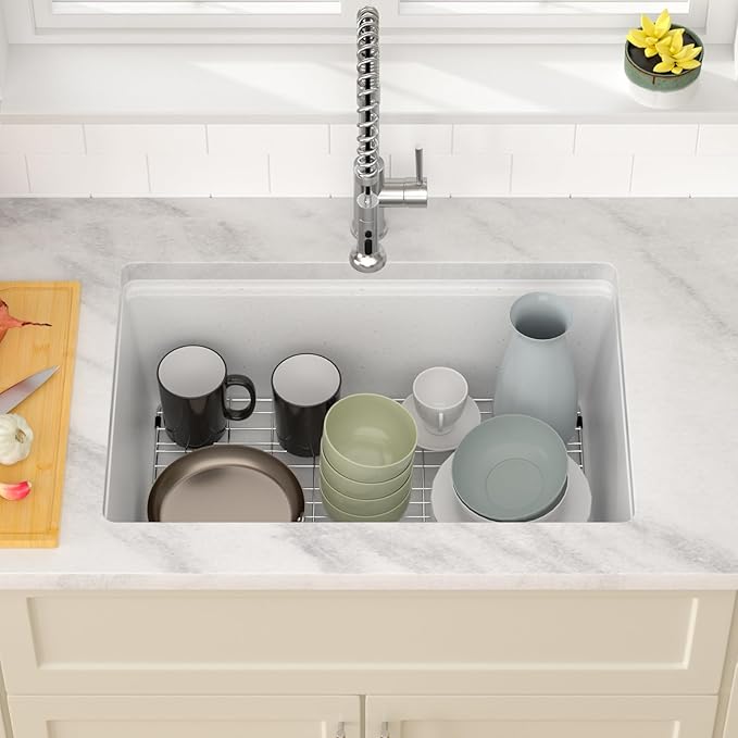 Dcolora 28 Inch White Undermount Kitchen Sink Workstation Single Bowl Modern Kitchen Sink Granite Composite,#DC-GU0003WS