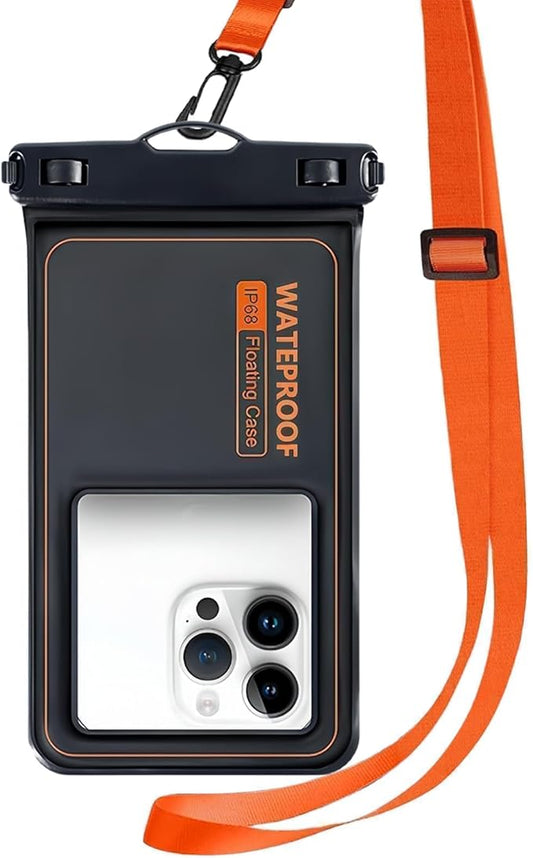 Marine IP68 Waterproof Phone Pouch, Floating Waterproof Dry Bag Compatible for iPhone 16 15 14 13 12 Pro Max Plus Up to 7"，Cellphone Cruise Essentials Must Haves, 1 Pack- Black/Hi-Vis Orange