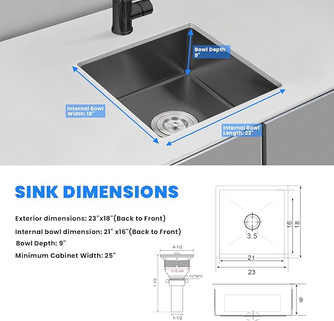 POPFLY 23×18 Inch Undermounter Kitchen Sink, 18 Gauge Stainless Steel Handmade Single Bowl Outdoor Small Rv Sink 9 Inch Deep Black Bar Prep Sink