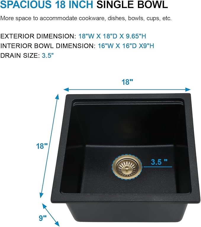 18 Black Granite Composite Bar Sink 18x18 Single Bowl Granite Composite Undermount Small Kitchen Sink Small Wet Bar Sinks with Workstation Quartz Natural Stone