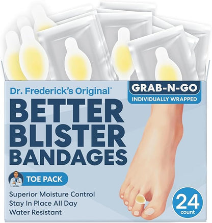 Dr. Frederick's Original Better Blister Bandages - 24 ct - Healing Blister Pads - Grab-N-Go - Water Resistant - 40% More Cushioning - Hydrocolloid - Feet, Toe, & Heel Blister Prevention - Toe Pack