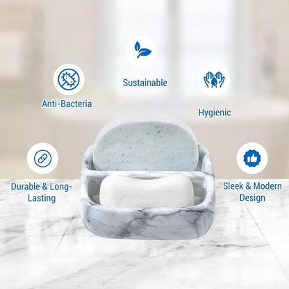 MyGift 5.4 Inch Deluxe Modern White Marble Pattern Resin Double Sponge Holder - Image 6