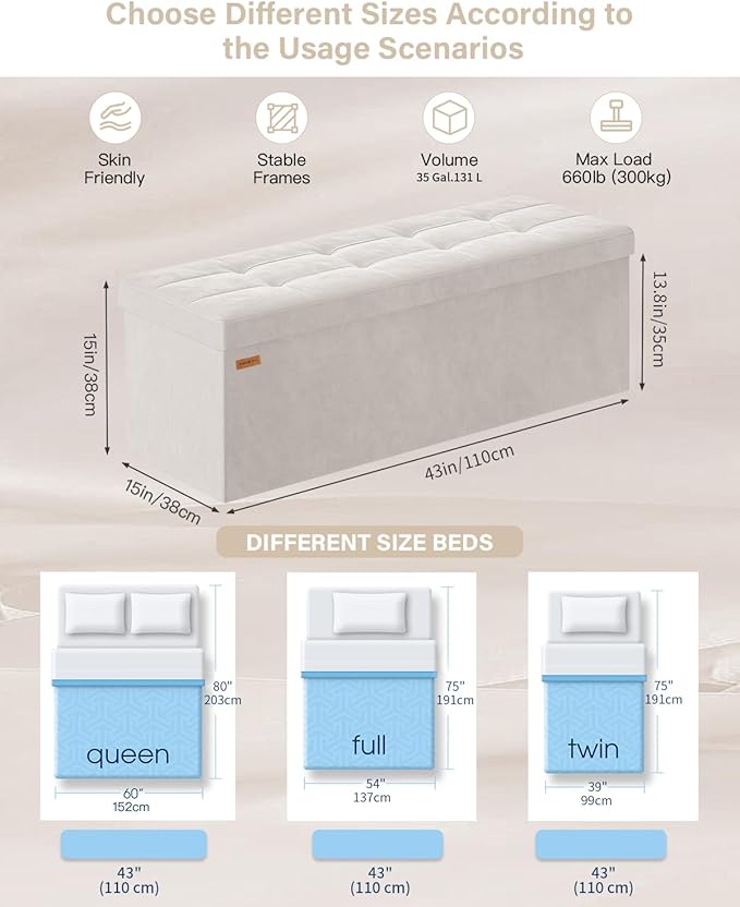 Folding Storage Ottoman, Velvet Storage Bench, Footrest, Removable Divider, for Living Room, Bedroom, 15 x 43 x 15 Inches, 660 lb Load Capacity, Cream White UASND02W