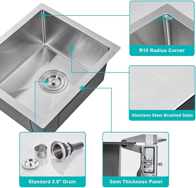 15 inch Undermount Bar Sink, Stainless Steel Handmade Single Bowl Kitchen Sink Undermount, D15" x W17" x H8"